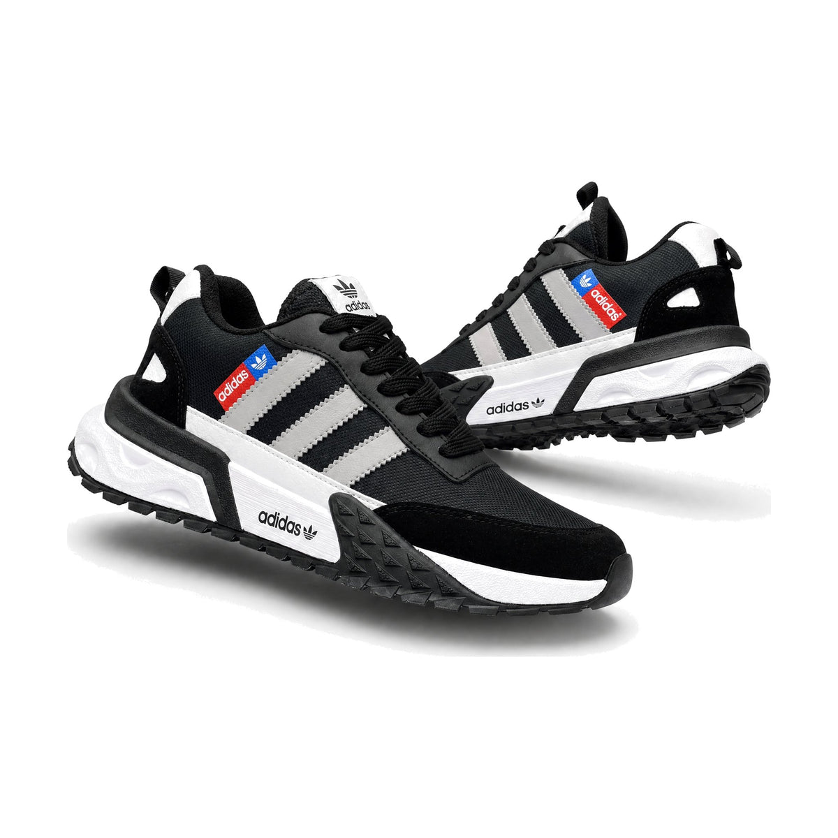 Adidas Retro Runner color negro blanco — par en vista 3D, fondo blanco