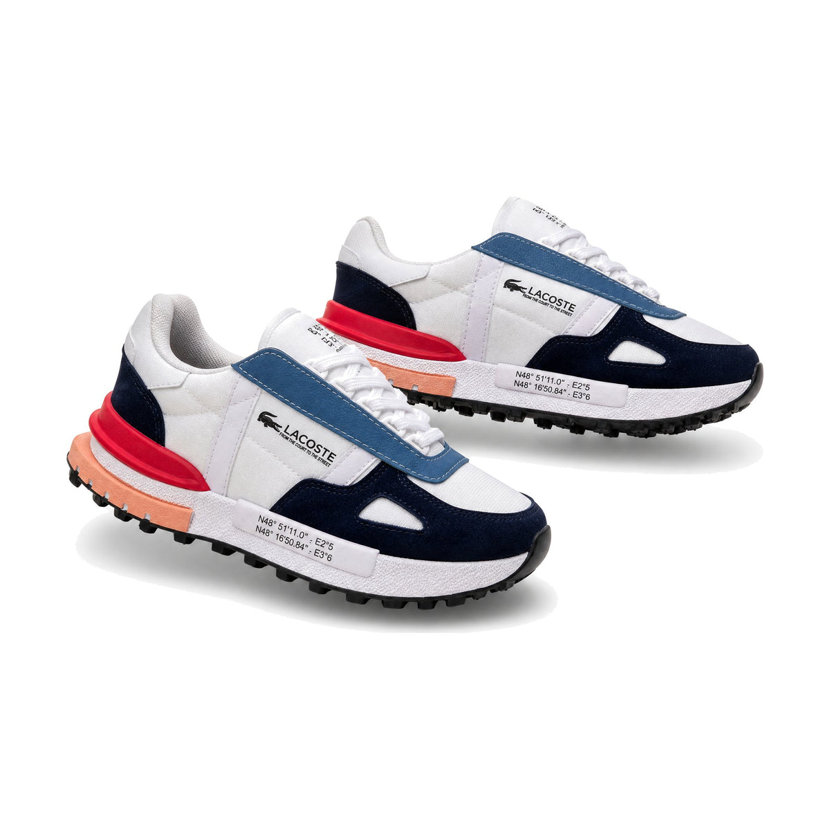 Lacoste Caballero color blanco azul — par en vista 3D, fondo blanco