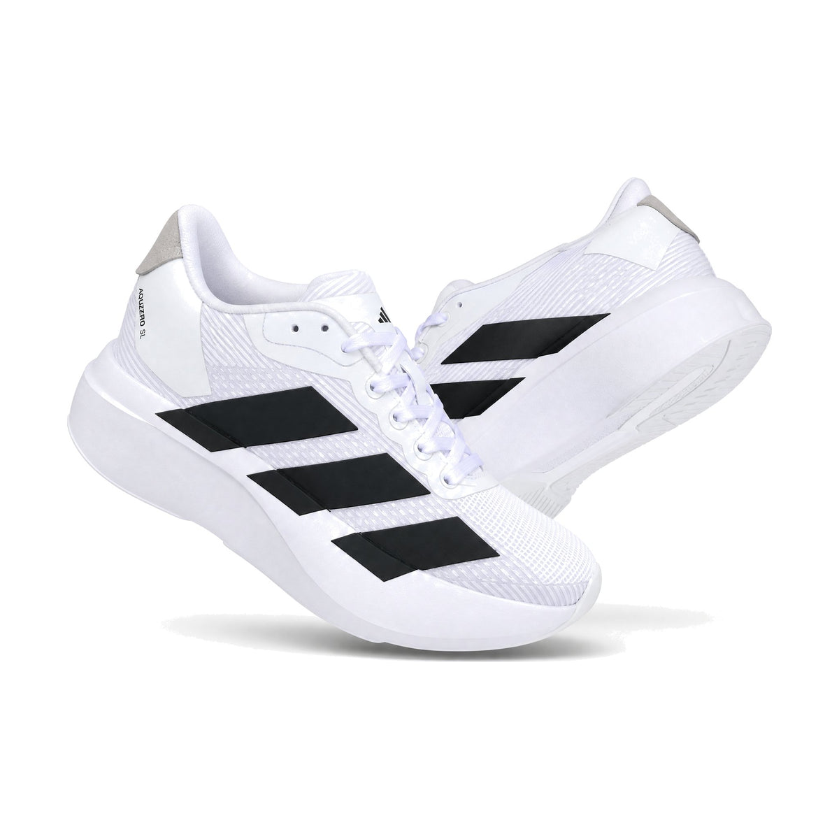 Adidas Adizero Caballero Blanco Negro color blanco negro — par en vista 3D, fondo blanco