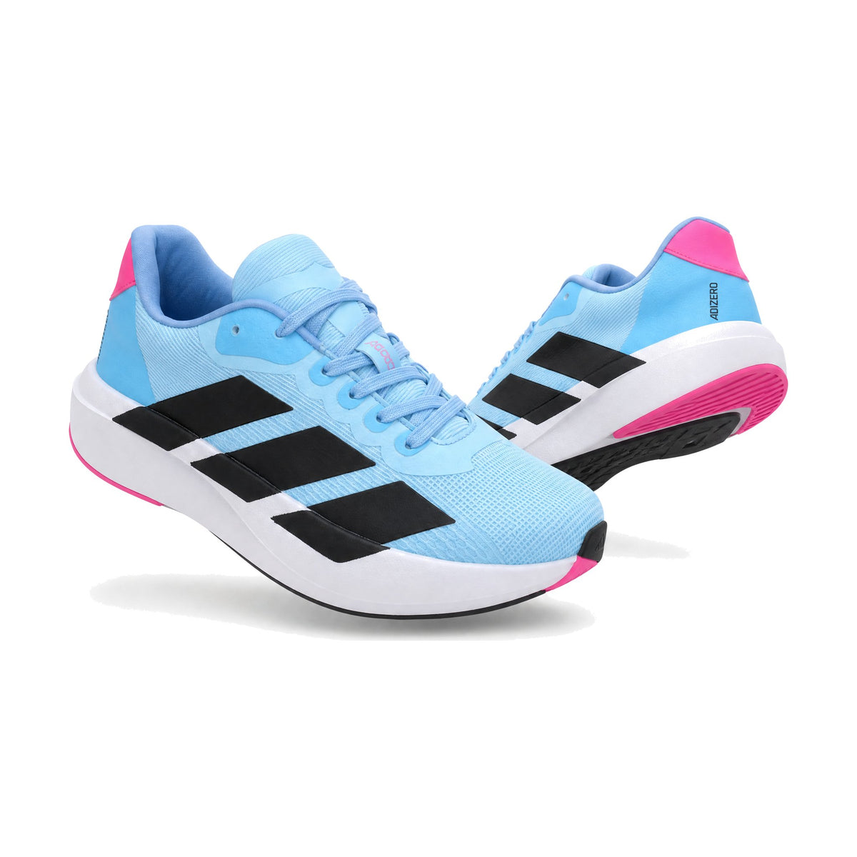 Adidas Adizero Dama color azul negro — par en vista 3D, fondo blanco