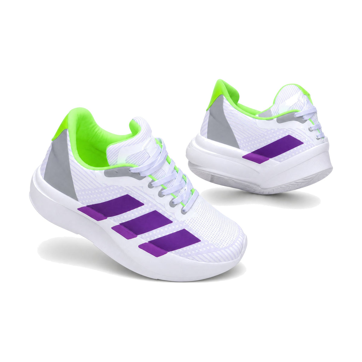 Adidas Adizero Dama color blanco violeta — par en vista 3D, fondo blanco