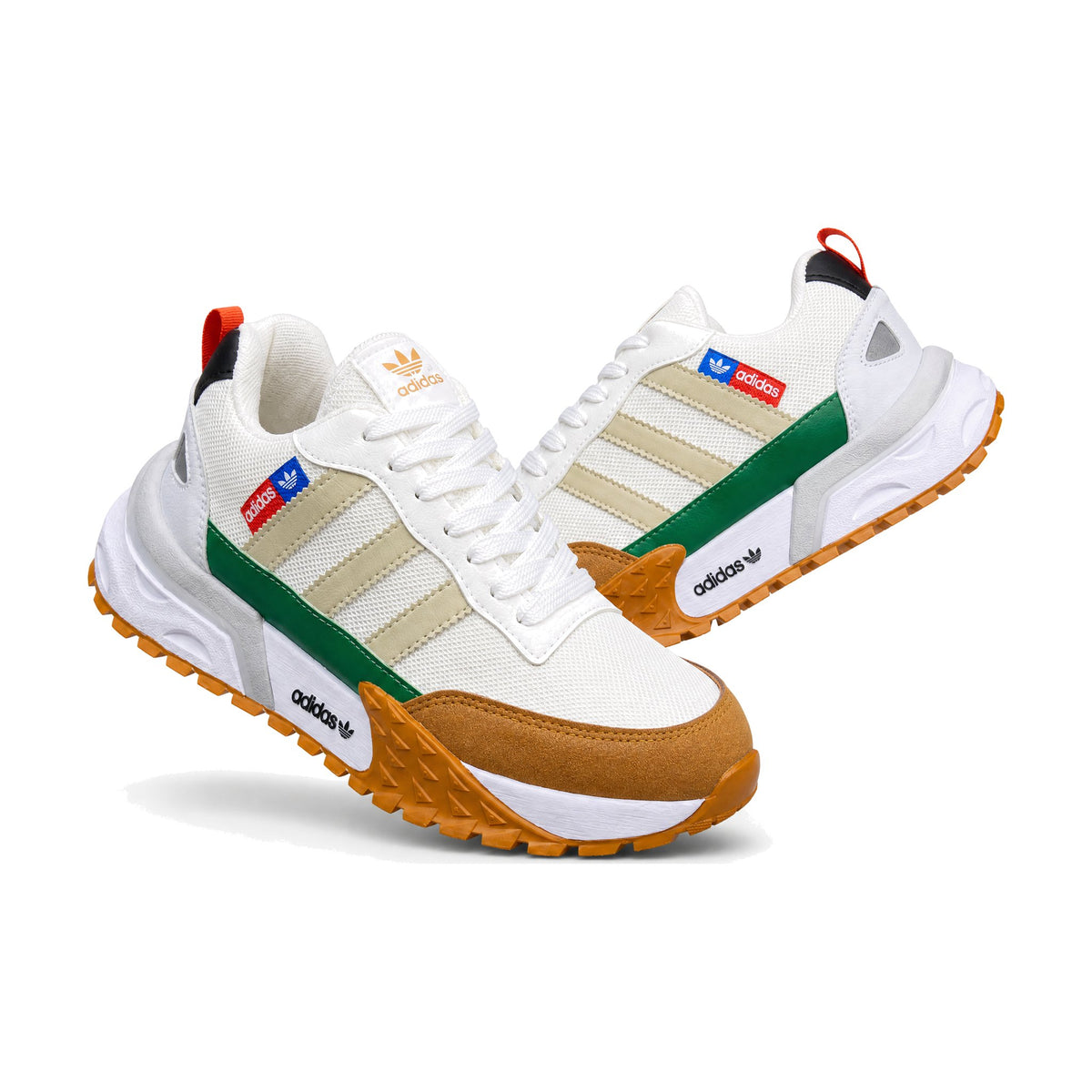 Adidas Retro Runner color beige verde — par en vista 3D, fondo blanco