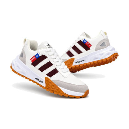 Adidas Retro Runner color beige vinotinto — par en vista 3D, fondo blanco
