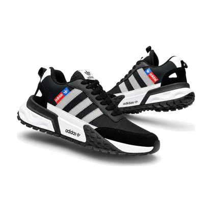 Adidas Retro Runner color negro blanco — par en vista 3D, fondo blanco