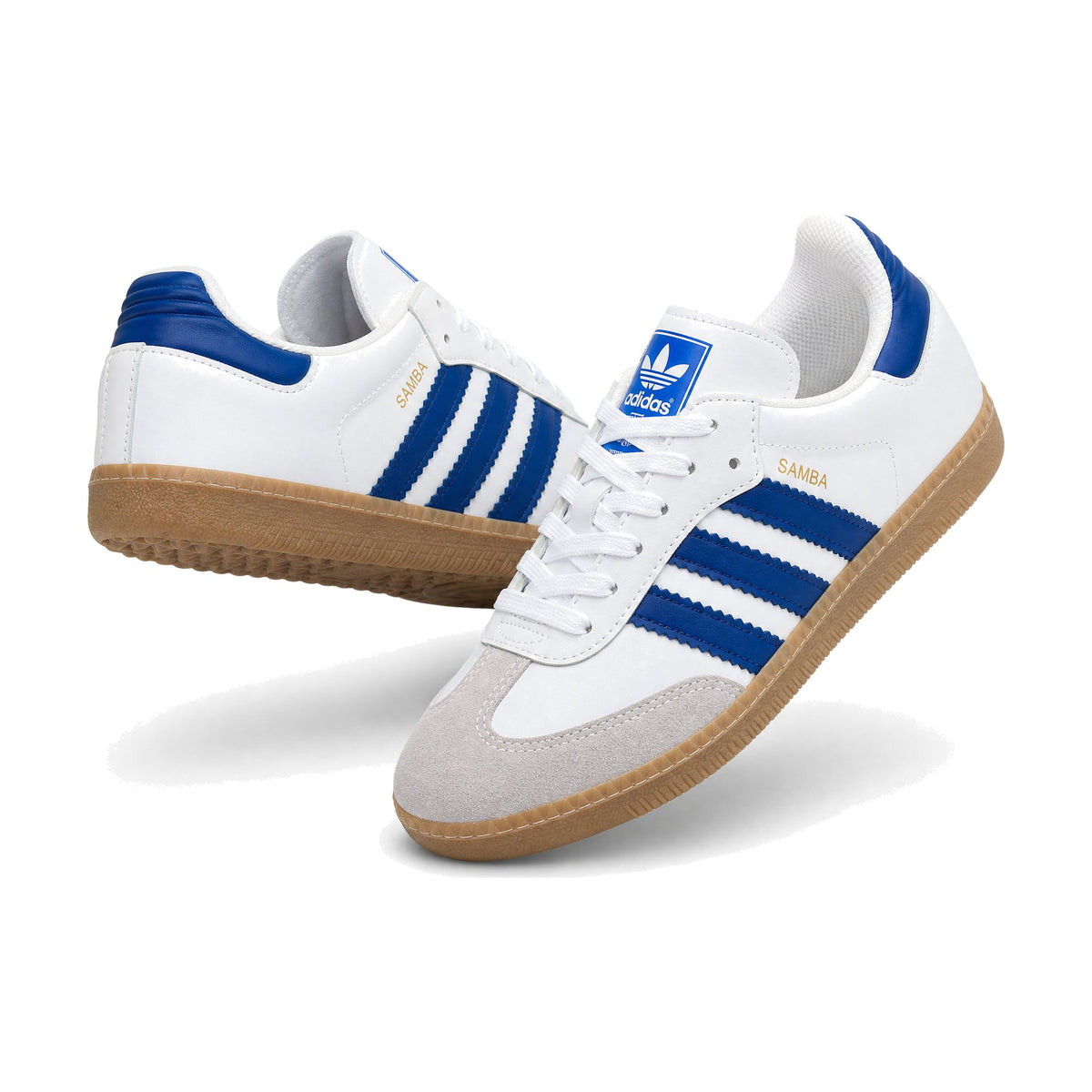 Adidas Samba Blanco Azul Rey color blanco azul rey — par de tenis en vista 3D, fondo blanco