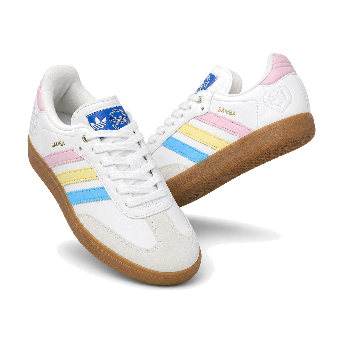 Adidas Samba Edición Especial color blanco pastel — par de tenis en vista 3D, fondo blanco