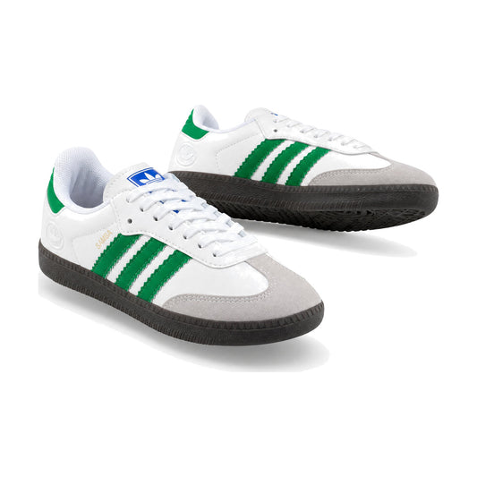 Adidas Samba Blanco Verde color blanco verde — par de tenis en vista 3D, fondo blanco