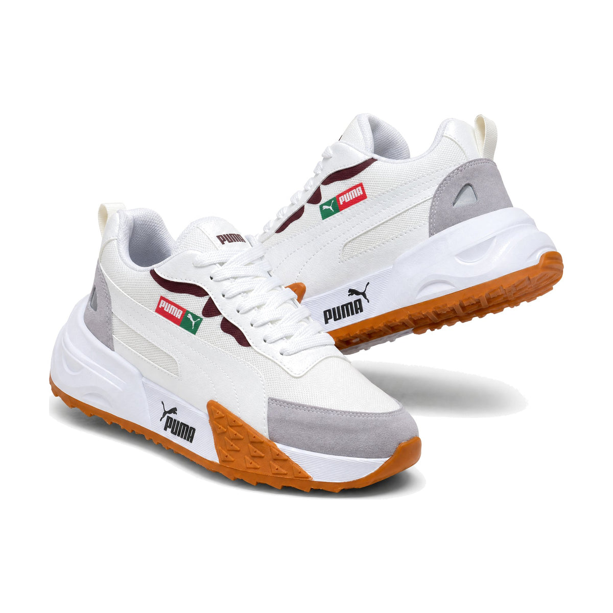 Puma Easy Rider color blanco beige vino — par en vista 3D, fondo blanco
