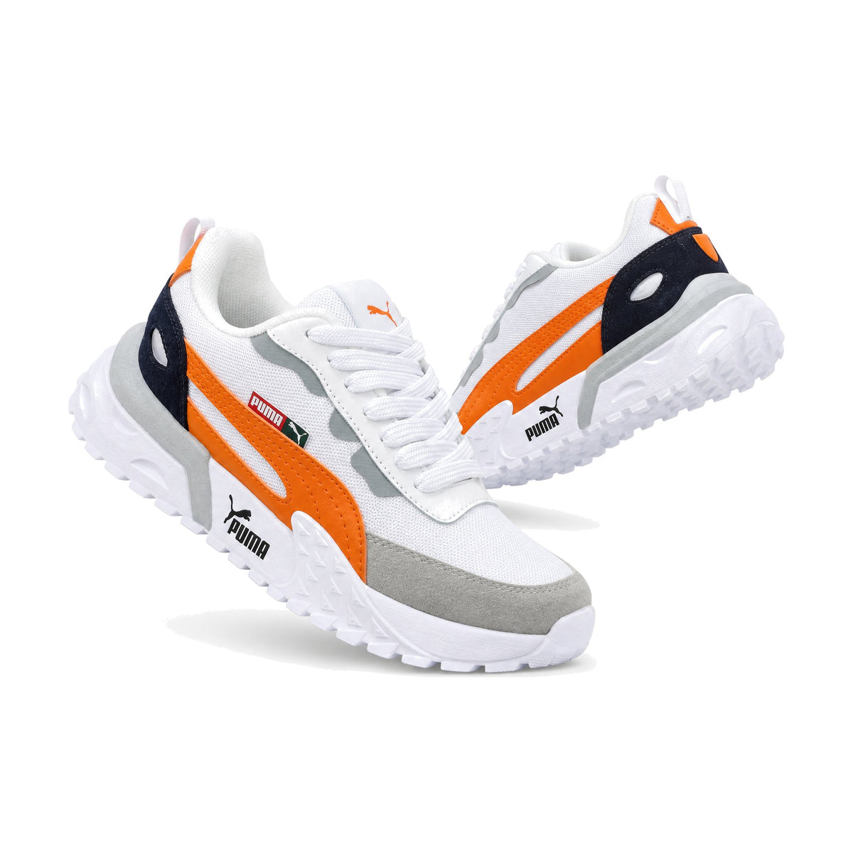 Puma Easy Rider color blanco naranja — par en vista 3D, fondo blanco