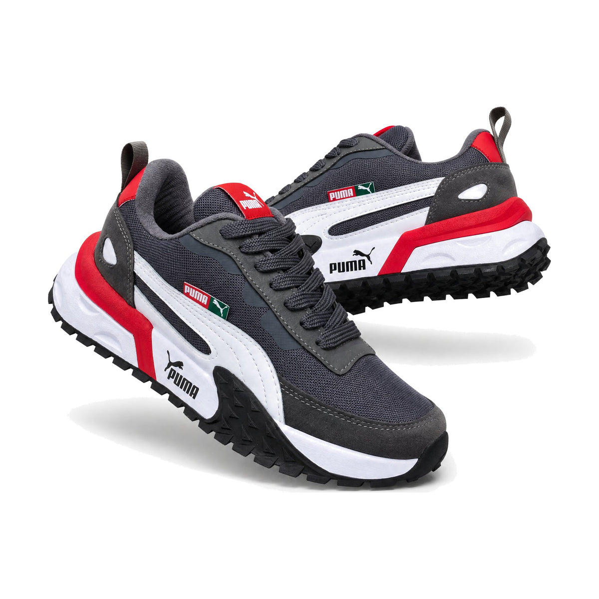Puma Easy Rider color gris rojo — par en vista 3D, fondo blanco