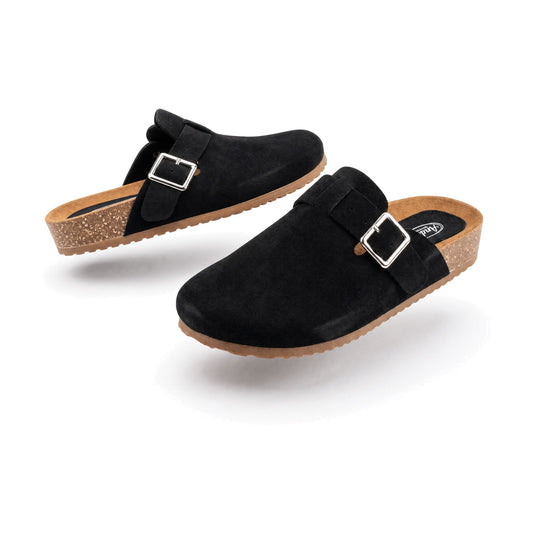 Sueco clog color negro — par de tenis en vista 3D, fondo blanco